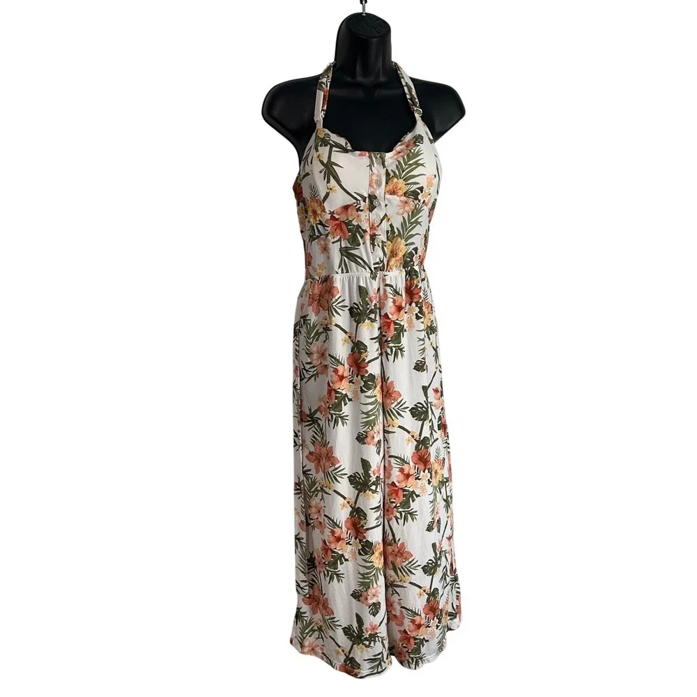 No Boundaries Junior Girls Large Tie Front Tropical Floral Halter White Jumpsuit